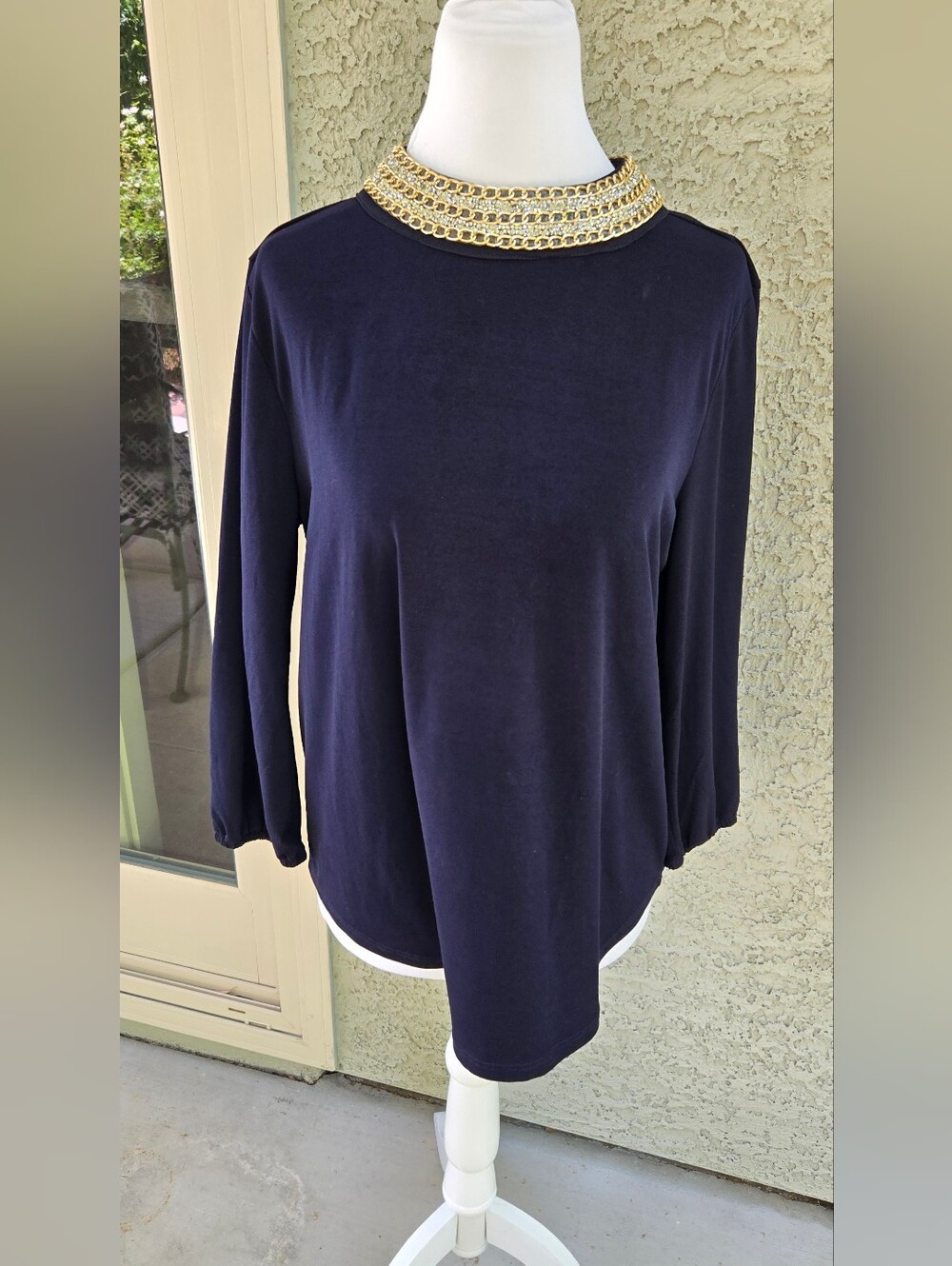 Moa Moa Chic Embellished Neck Long-Sleeve Top - Navy
